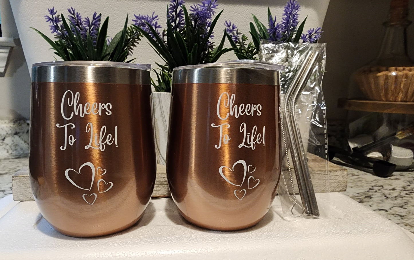 Set of 2 Copper Bronze 12 oz Double Wall Wine Tumblers with Lids, Straws, and Cleaning Brush - Naved Products