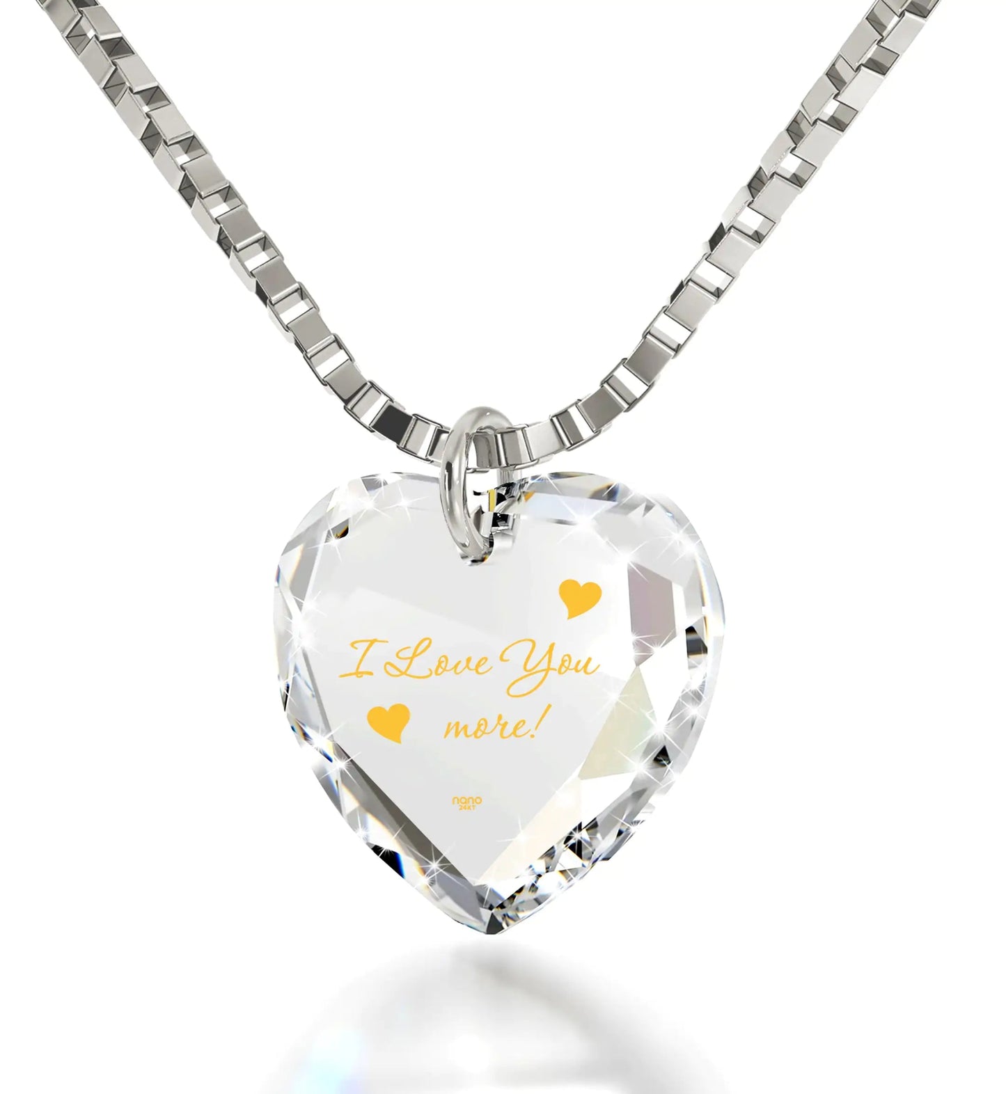 I Love You More Necklace 24k Gold Inscribed Tiny Crystal Swarovski Heart Pendant - Naved Products