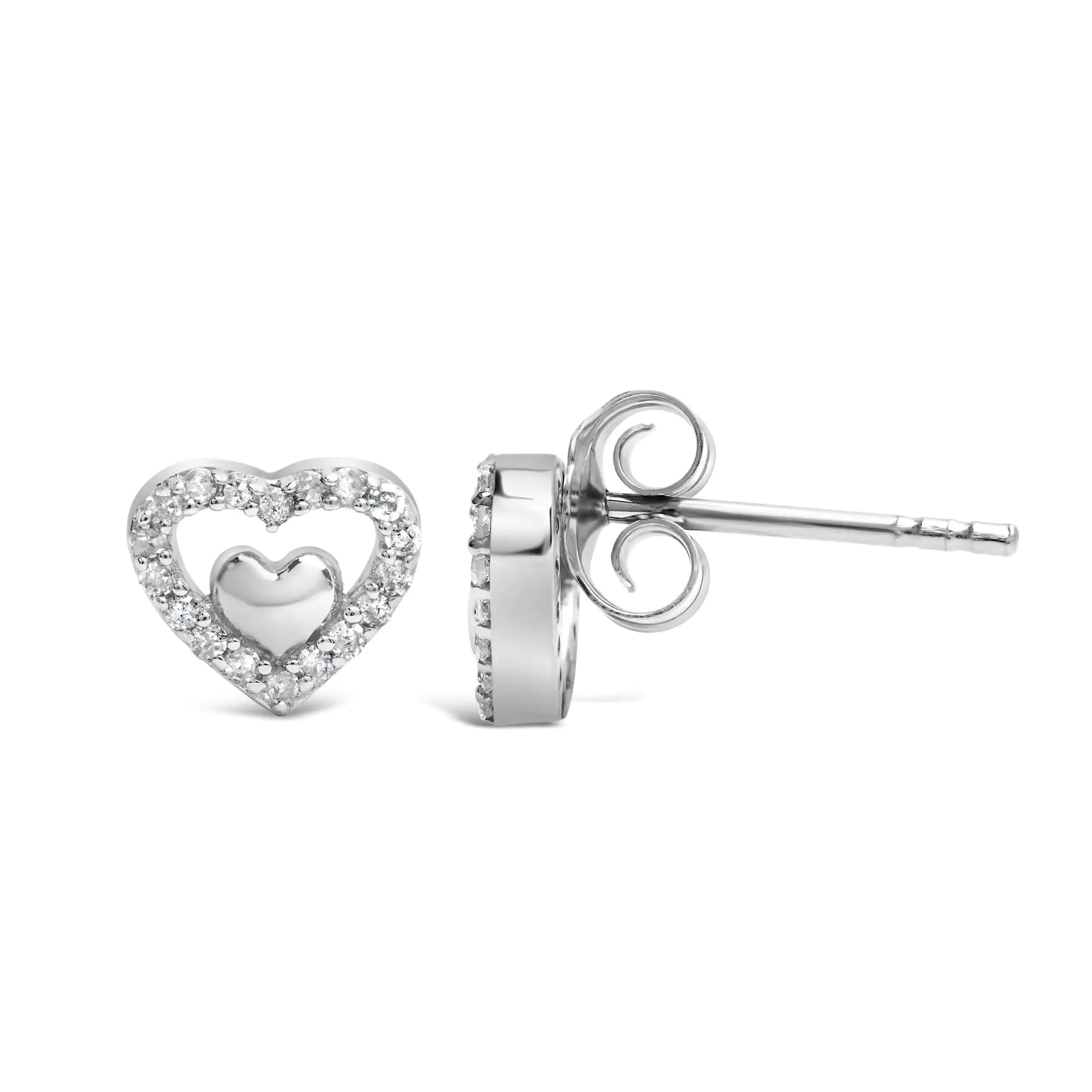.925 Sterling Silver 1/6 Cttw Diamond Open Double Heart Stud Earrings - Choice of Diamond Color - Naved Products