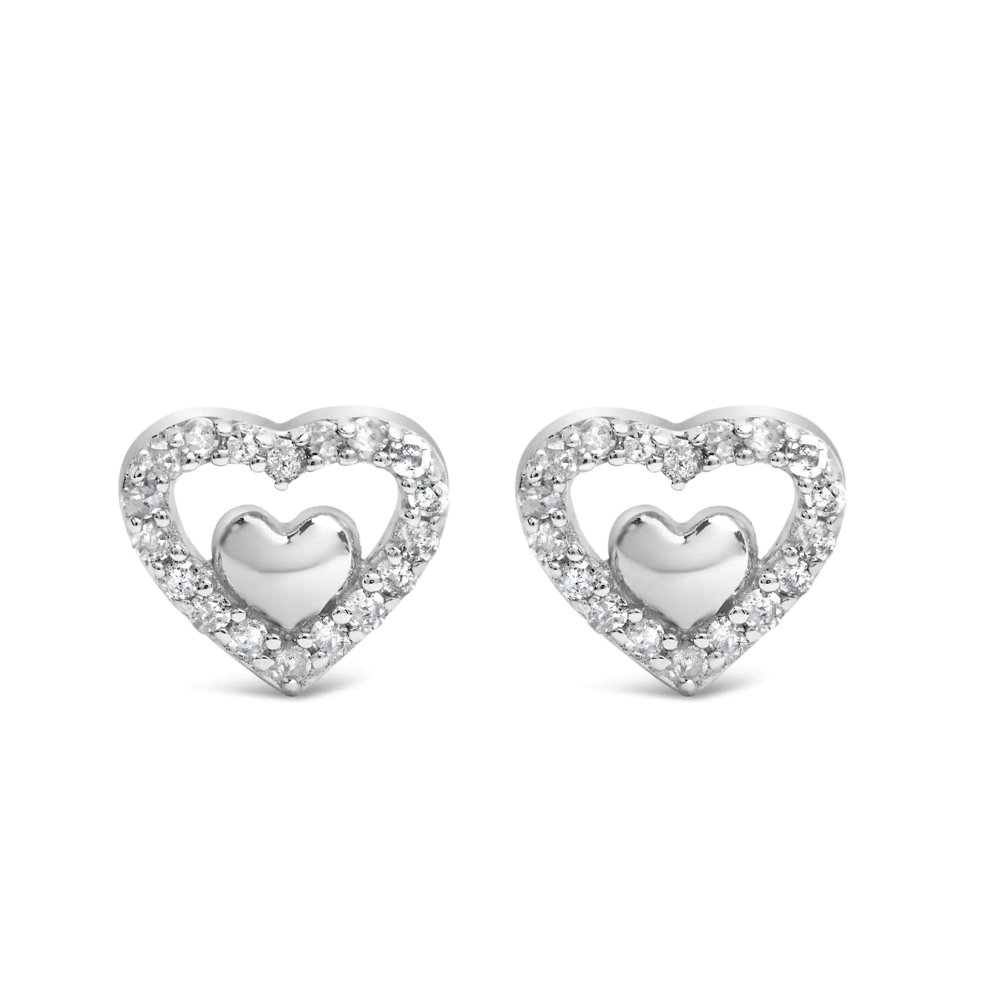 .925 Sterling Silver 1/6 Cttw Diamond Open Double Heart Stud Earrings - Choice of Diamond Color - Naved Products