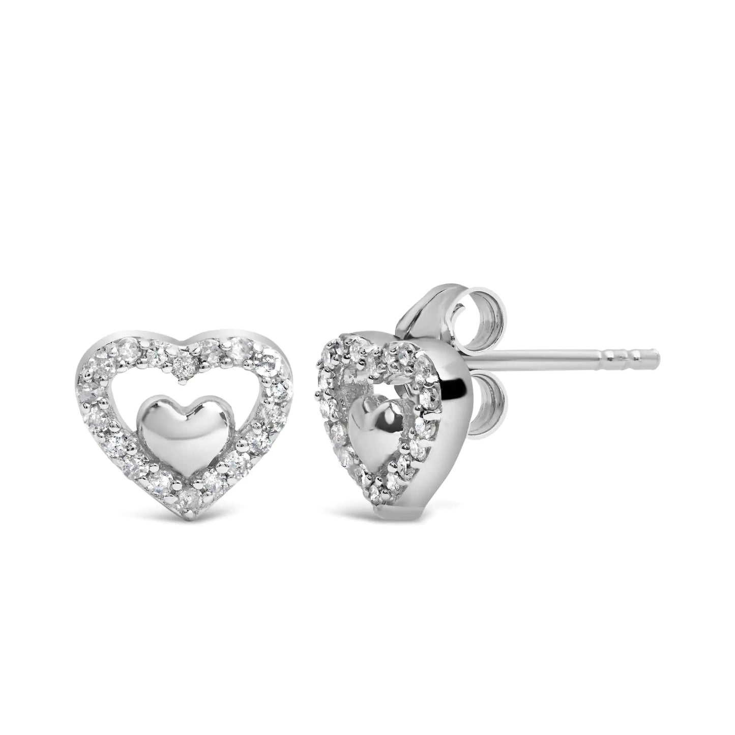 .925 Sterling Silver 1/6 Cttw Diamond Open Double Heart Stud Earrings - Choice of Diamond Color - Naved Products