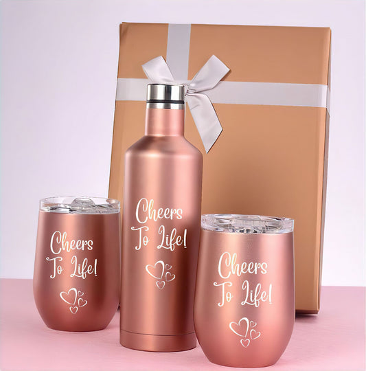 Deluxe Rose Gold 750ML Insulated Bottle with 2 Double Walled 12 oz Tumblers – Stylish and Durable - Naved Products