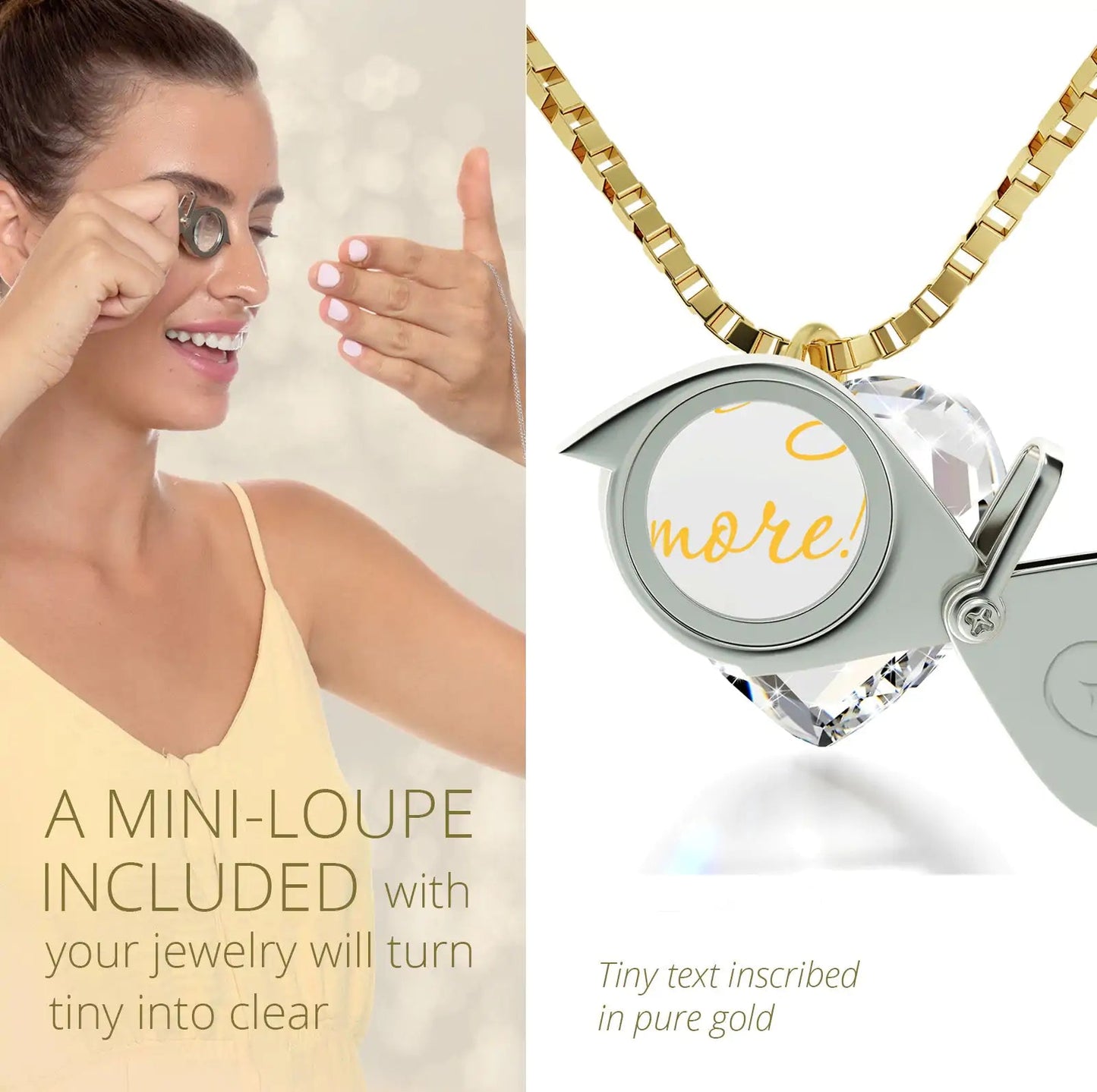 I Love You More Necklace 24k Gold Inscribed Tiny Crystal Swarovski Heart Pendant - Naved Products