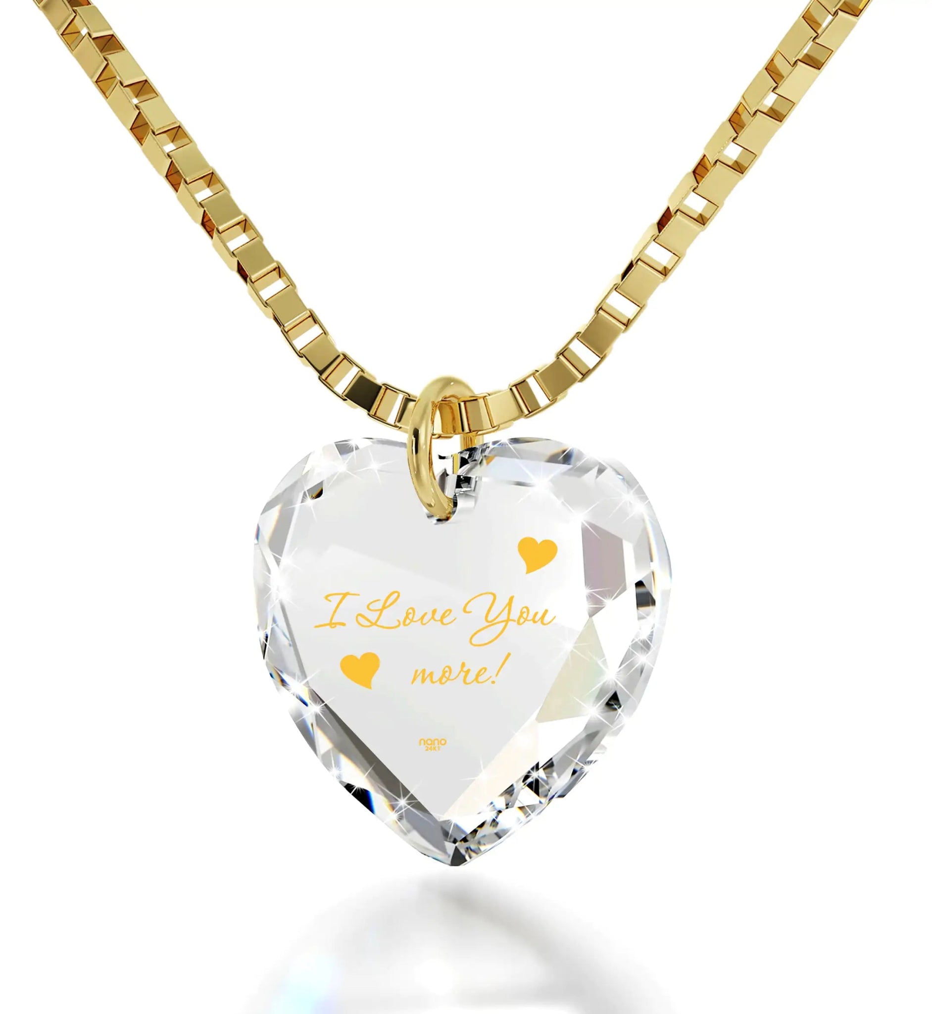 I Love You More Necklace 24k Gold Inscribed Tiny Crystal Swarovski Heart Pendant - Naved Products