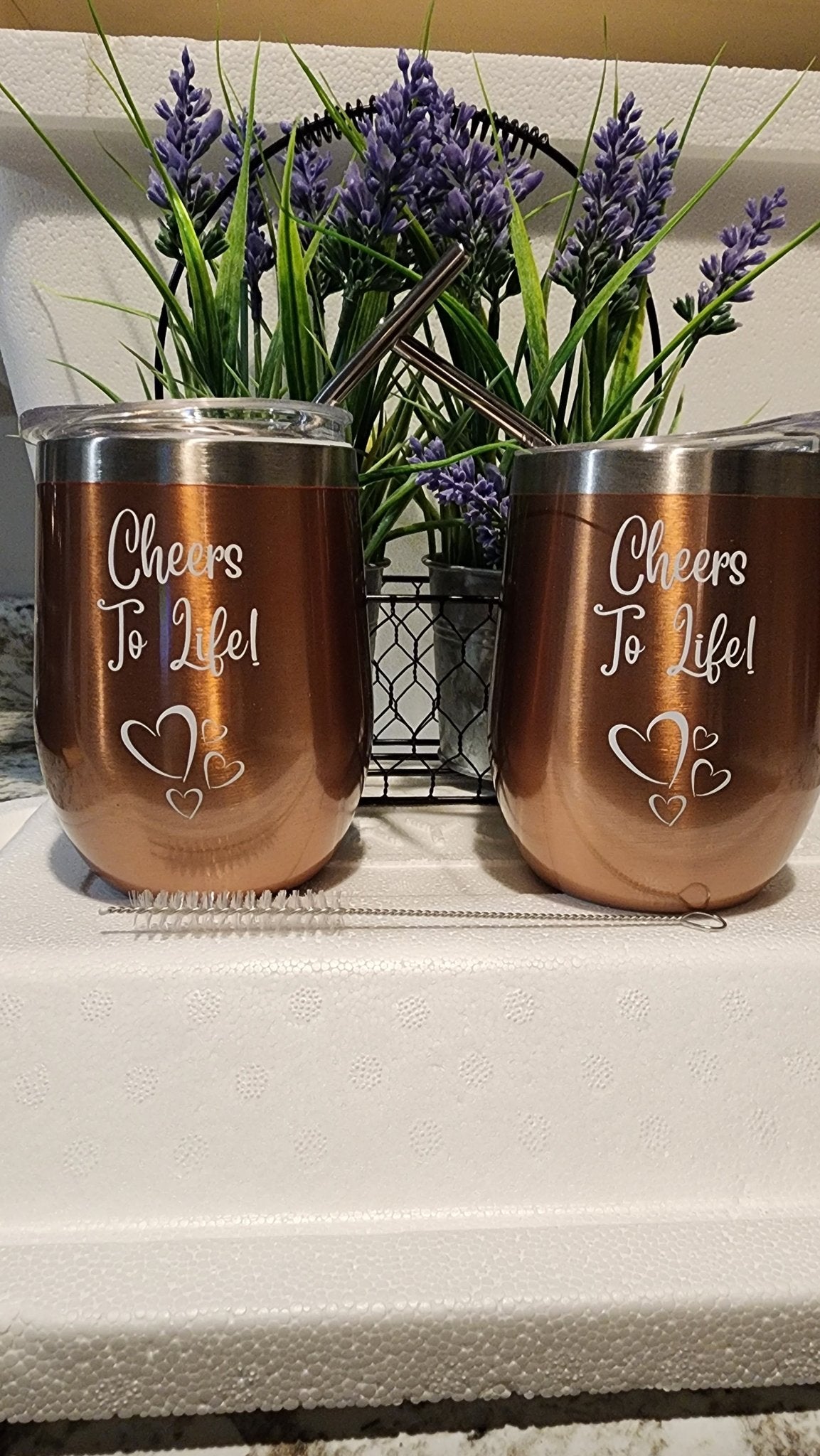 Set of 2 Copper Bronze 12 oz Double Wall Wine Tumblers with Lids, Straws, and Cleaning Brush - Naved Products
