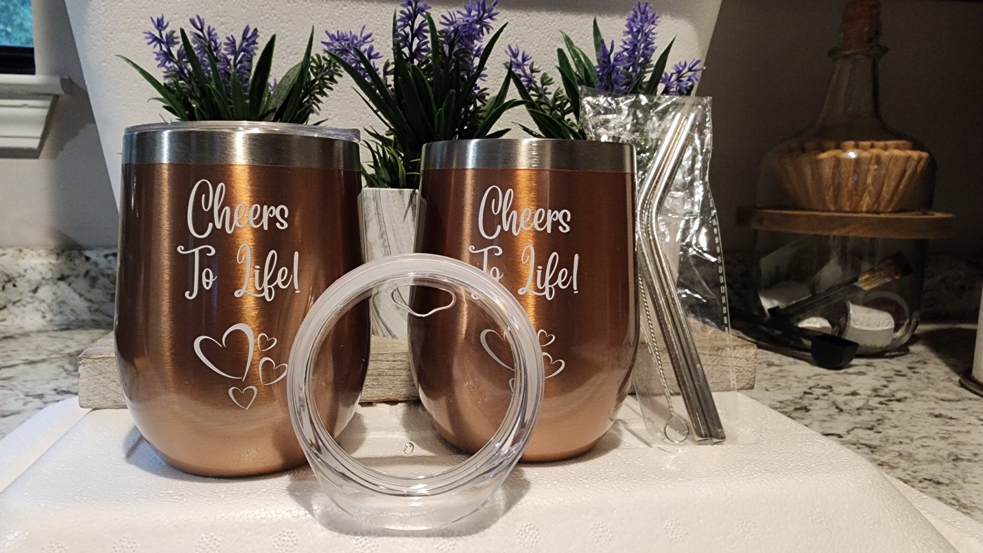 Set of 2 Copper Bronze 12 oz Double Wall Wine Tumblers with Lids, Straws, and Cleaning Brush - Naved Products