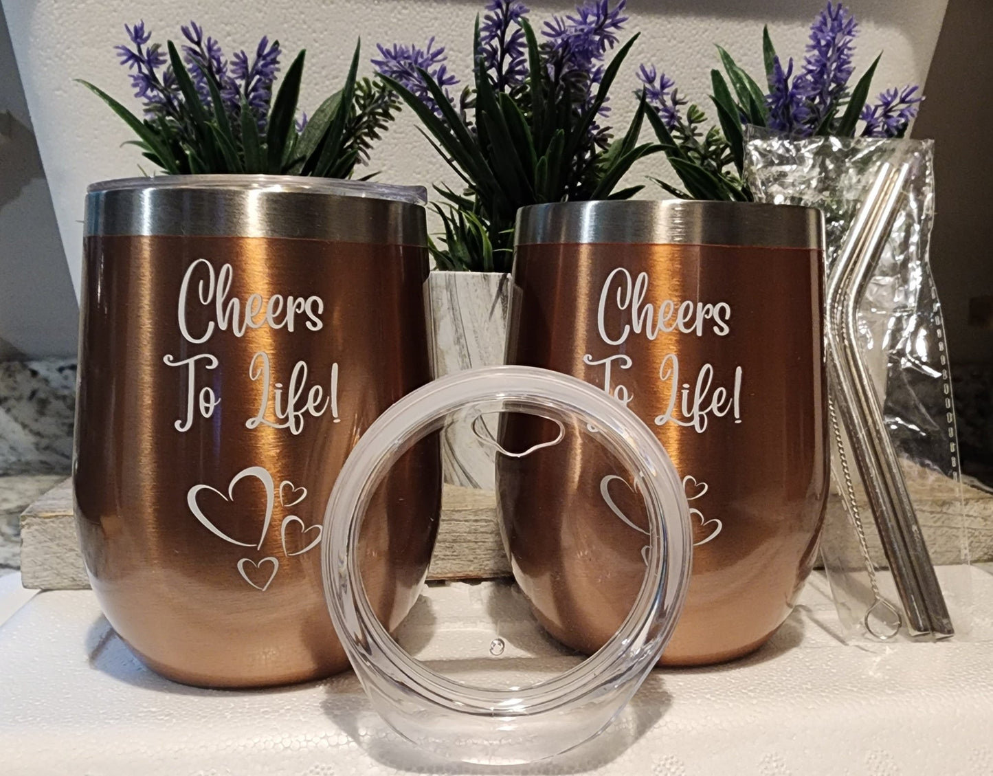 Set of 2 Copper Bronze 12 oz Double Wall Wine Tumblers with Lids, Straws, and Cleaning Brush - Naved Products
