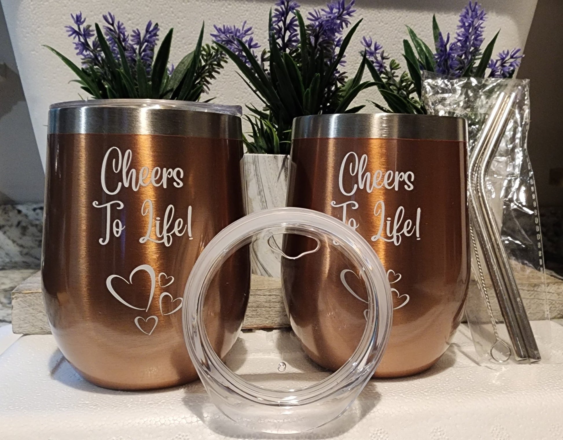 Set of 2 Copper Bronze 12 oz Double Wall Wine Tumblers with Lids, Straws, and Cleaning Brush - Naved Products