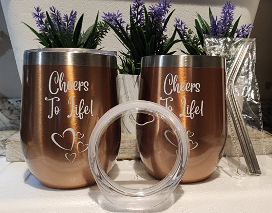 Set of 2 Copper Bronze 12 oz Double Wall Wine Tumblers with Lids, Straws, and Cleaning Brush - Naved Products