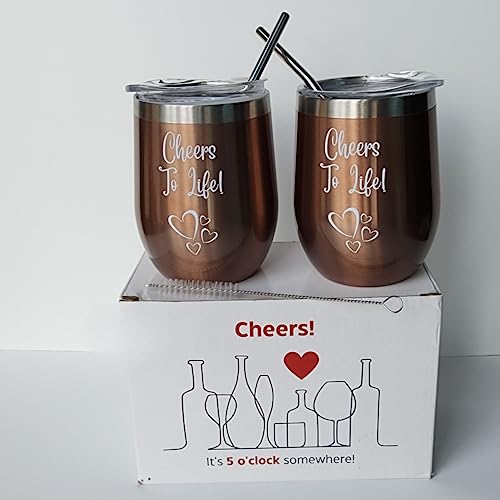 Set of 2 Copper Bronze 12 oz Double Wall Wine Tumblers with Lids, Straws, and Cleaning Brush - Naved Products