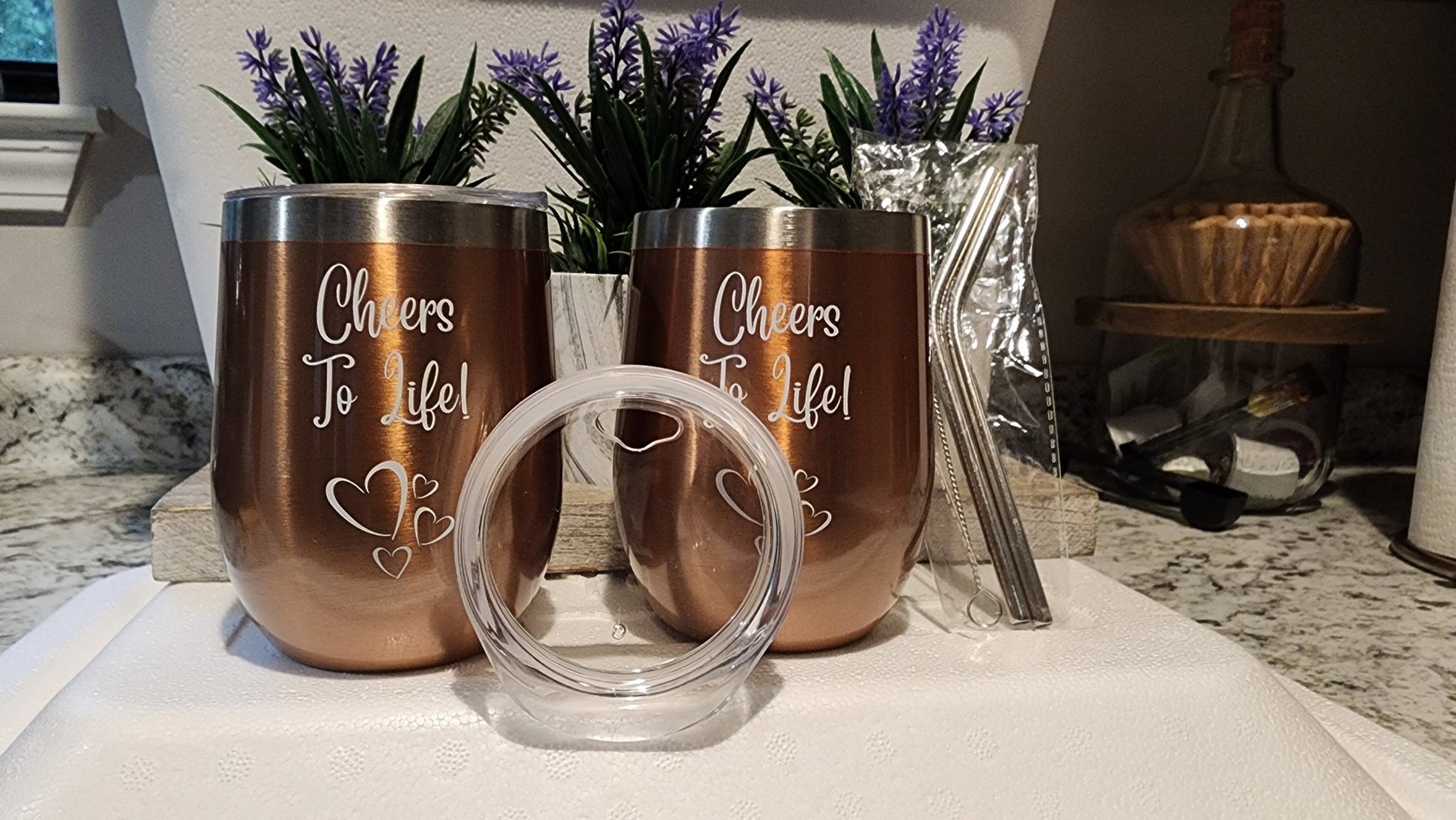 Set of 2 Copper Bronze 12 oz Double Wall Wine Tumblers with Lids, Straws, and Cleaning Brush - Naved Products